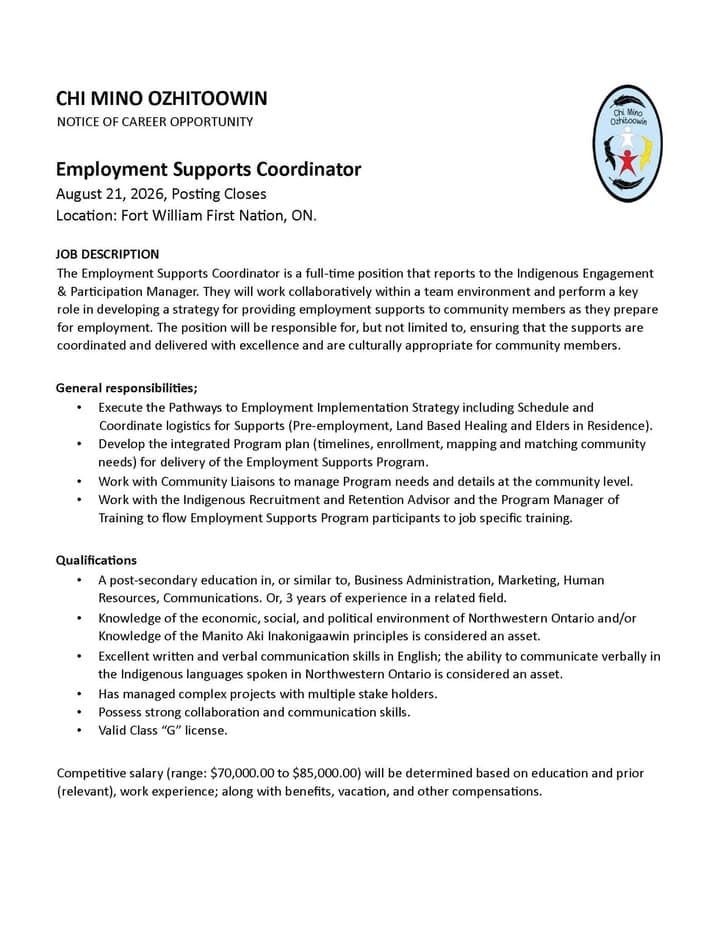 📣 WE’RE HIRING | Employment Supports Coordinator Looking for your next career opportunity? Chi Mino Ozhitoowin is curre